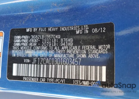 2013 Subaru Brz 2.0 Limited из США, поврежденный, VIN JF1ZCAC13D1603457